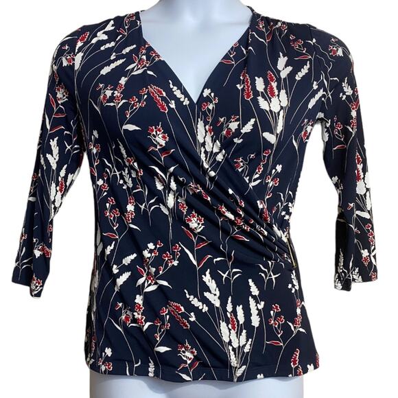 Charter Club navy blue floral wrap style 3/4 sleeve blouse - Medium Petite - Picture 1 of 8